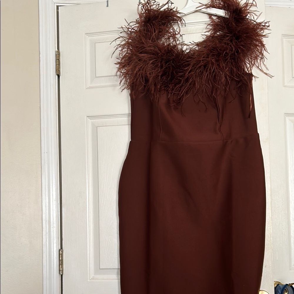 Elegant Brown Feather-Trimmed Dress